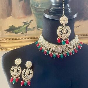 Pakistani Indian Bollywood Style Elegant Gold, Green and Red Jewelry Set